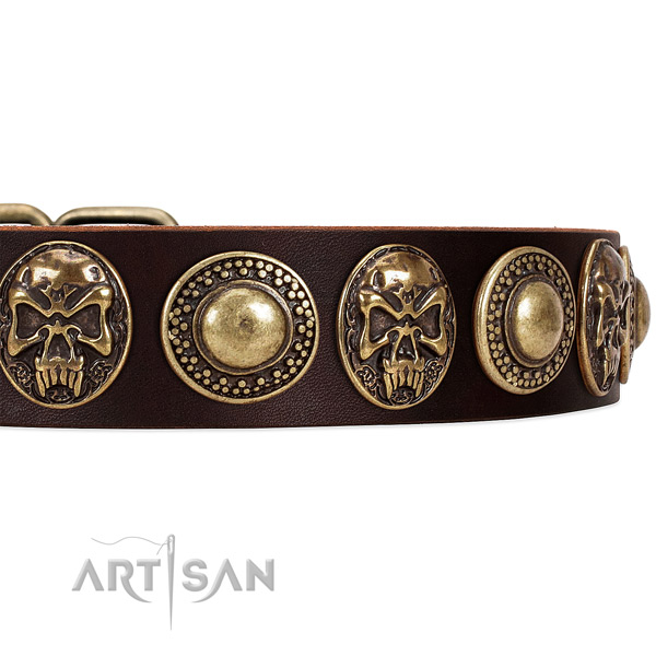 Full grain natural leather dog collar with decorations for comfy wearing