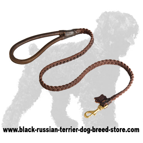 Durable Braided Leather Russian Terrier Leash with Soft Rounded Handle